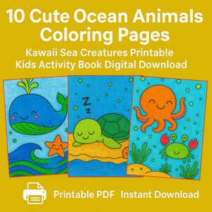 Kawaii Ocean Animals Coloring Pages: Kids Activity Book (Digital Download)