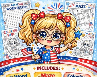 4th of July Activity Pack for Kids – Word Search, Maze & Coloring Pages Printable, Patriotic Kids Activity Bundle, Summer Worksheet PDF
