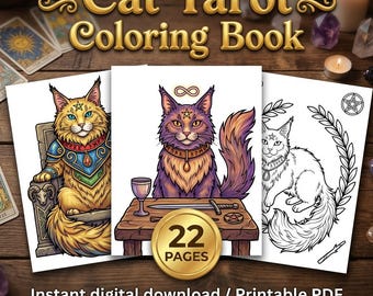 Cat Tarot Coloring Pages Printable, Mystical Witchy Designs (22 Pages)