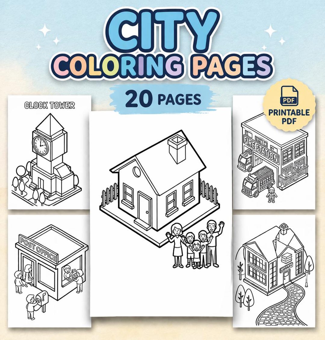 City Buildings Coloring Pages, Isometric Town, Printable PDF (20 Pages ...