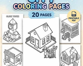 City Buildings Coloring Pages, Isometric Town, Printable PDF (20 Pages)