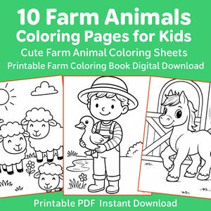 10 Farm Animals Coloring Pages for Kids, Cute Farm Animal Coloring Sheets, Printable Farm Coloring Book