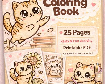 Kawaii Cat Coloring Pages Printable PDF for Kids Adults (Instant Download)