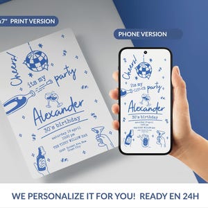 Oferta de lanzamiento: Invitación "Es mi fiesta" - Invitación de cumpleaños editable con temática disco azul - Versión para teléfono e impresión - Texto personalizado - Lista en 24 horas