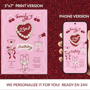 Oferta de lançamento - Convite de aniversário com laço de cereja - Versão rosa retrô para impressão e telefone - Convite digital feminino fofo - Personalizado em 24h