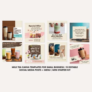 Milch Tee Canva Vorlagen | 15 Social Media Templates + 3 Menüs | Instagram und FB Bereit
