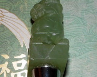 Jade Chinese Foo Dog Gemstone Wine Bottle Stopper / Hand Carved / Birthday Gift / Wedding / Wine Tasting