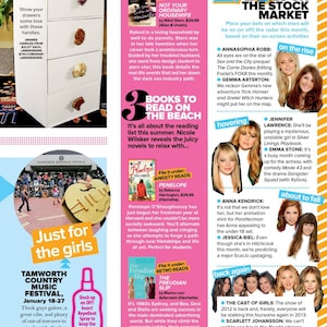 May include: A magazine page with a pink and orange striped background. The page features a list of books to read on the beach, a list of leading ladies on the stock market, and a section on the Tamworth Country Music Festival. The magazine page also features a photo of a white dresser with three drawers and crystal drawer pulls.