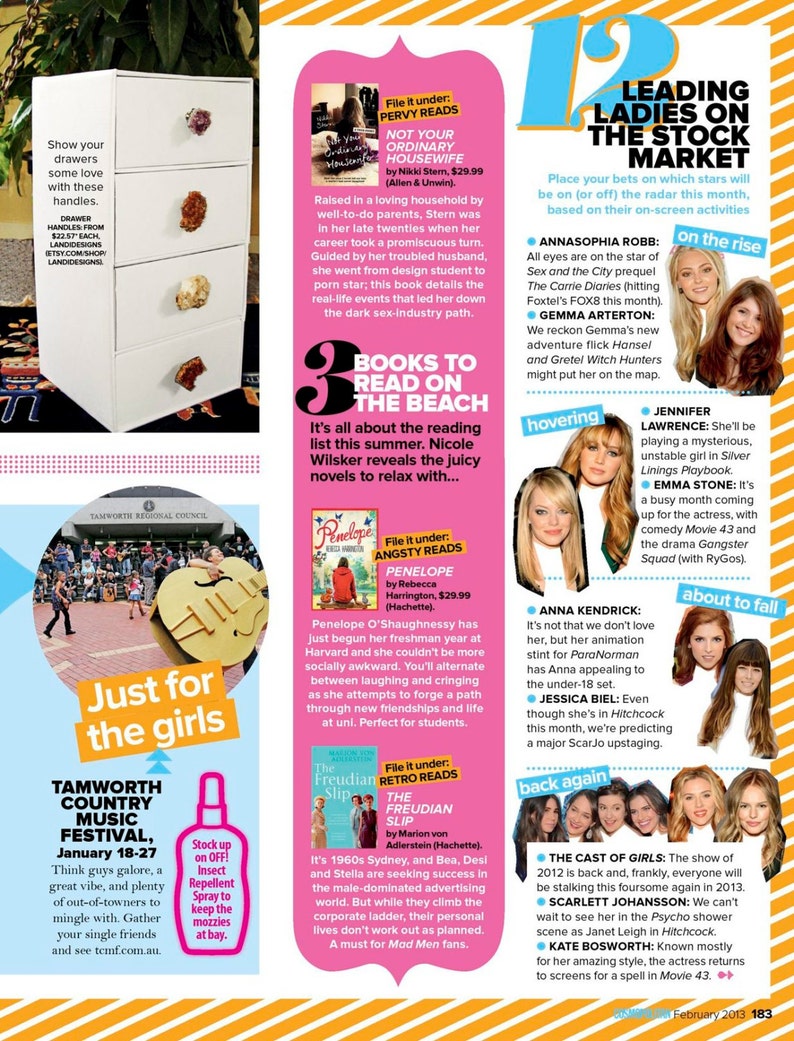 May include: A magazine page with a pink and orange striped background. The page features a list of books to read on the beach, a list of leading ladies on the stock market, and a section on the Tamworth Country Music Festival. The magazine page also features a photo of a white dresser with three drawers and crystal drawer pulls.