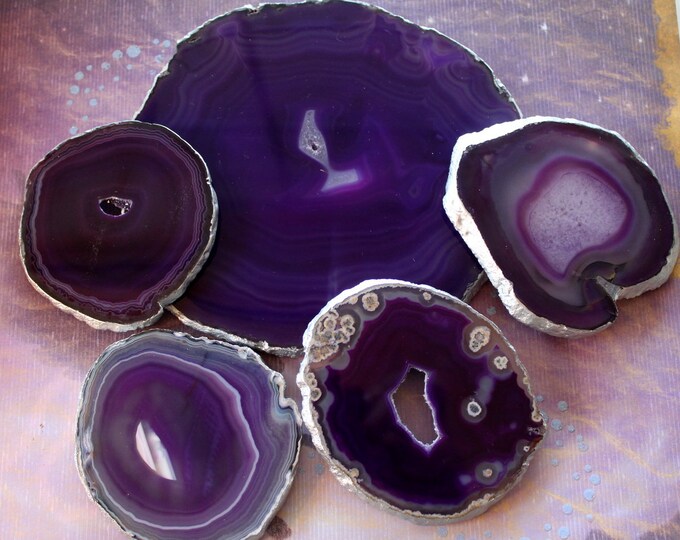 Featured listing image: Purple Eggplant Agate Slice Cheese Tray Platter And 4 Wine Glass Coasters Silver Leaf Edge