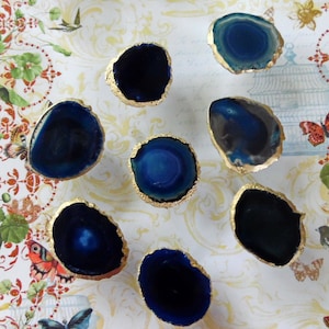 Medium Custom Blue 18k Gold Silver Copper Leaf Edge Blue Agate Slice Drawer Pulls Knobs