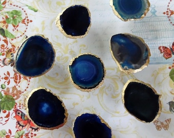 Medium Custom Blue 18k Gold Silver Copper Leaf Edge Blue Agate Slice Drawer Pulls Knobs