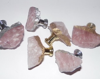 Rose Quartz Gemstone Drawer Pull Knobs Pulls Custom 18k Gold Silver Copper Leaf Edge Cut Raw Drawer Hardware Cabinet Handle Screws Included