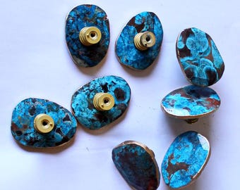 Large Ocean Blue Jasper Gemstone Drawer Pulls Knobs18K Gold Leaf Edge