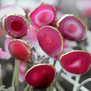 May include: Six pink agate slices with gold trim. The agate slices are various sizes and shapes. The slices are arranged on a white background.