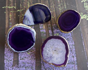 Small Medium 18K Gold Edge Custom Eggplant Purple Agate Slice Drawer Pulls Knobs