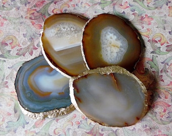 Coaster Natural Agate Druzy Slice Gemstone 18K Gold Edge