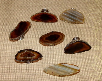 Custom Brown Tan Agate Slice Drawer Pulls Knobs Small - 18K Gold - Selver Leaf - Copper Leaf Edges - Natural