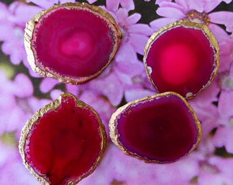 Large 18K Gold Edge Custom Hot Pink Agate Slice Drawer Pulls Knobs