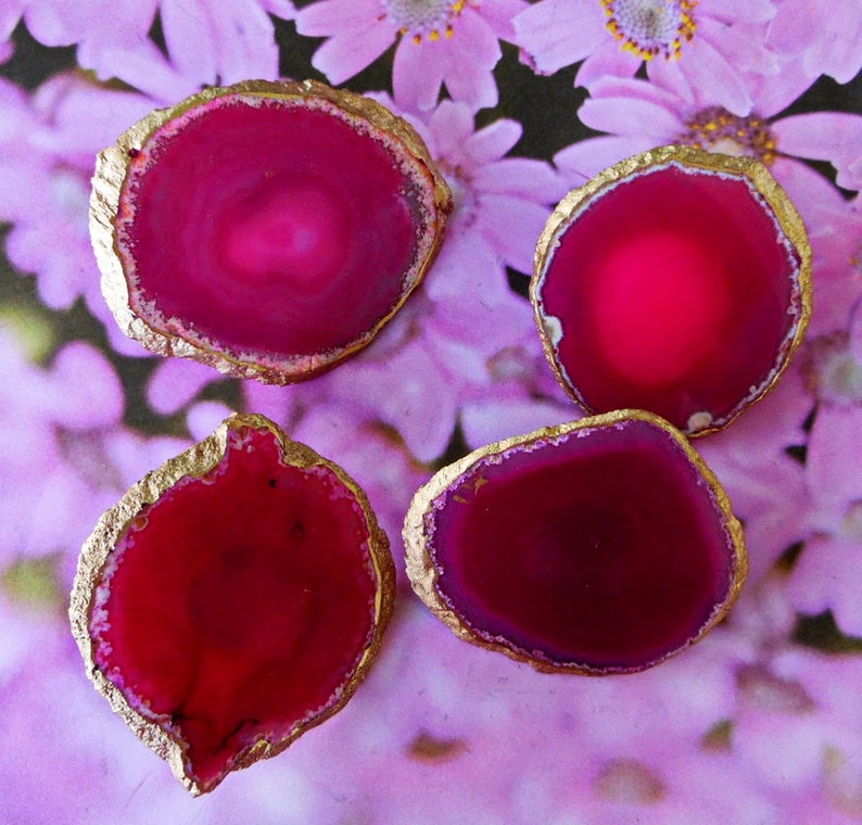 Large 18K Gold Edge Custom Hot Pink Agate Slice Drawer Pulls Etsy