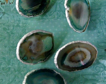 Large Silver Leaf Edge Custom Turquoise Agate Slice Drawer Pulls Knobs