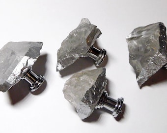 Large Natural Raw Crystal XX Quality Gemstone Drawer Pull Knobs Custom Silver Leaf Pulls Drawer Pulls Dresser Knobs Remodel Screws Included