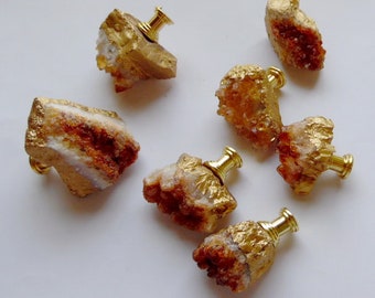 Natural Citrine Druzy Gemstone Drawer Pulls Knobs Custom One Of A Kind 18K Gold Leaf Hand Applied Edge