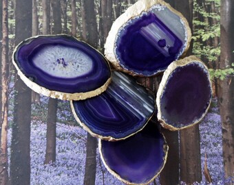 Small 18K Gold Edge Custom Eggplant Purple Agate Slice Drawer Pulls Knobs