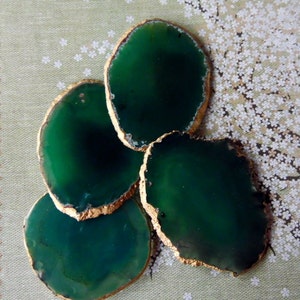 Large Natural Green Agate Slice Gemstone Coasters 18k Gold - Silver - Copper Leaf Edge