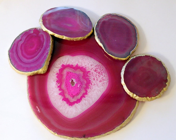 Featured listing image: Hot Pink Agate Slice Cheese Tray Platter And 4 Wine Glass Coasters 18K Gold Leaf Edge