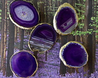 Large 18K Gold Edge Custom Eggplant Purple Agate Slice Drawer Pulls Knobs
