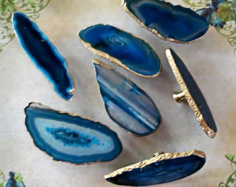 Blue Agate Slice Drawer Pulls Knobs 18K Gold Edge Brass Base