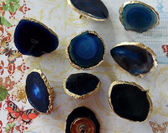 Blue Round Agate 18k Gold Leaf Edge Brass Base