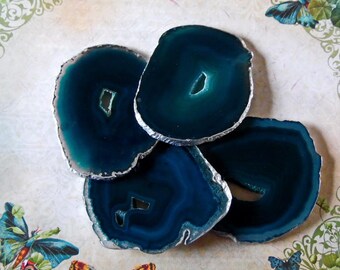 Teal Blue Agate Slice Gemstone Wine Glass Coaster Silver Leaf Edge / Wedding / Birthday / Home Decor / Gift