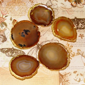 18K Gold Edge Custom Brown Natural Agate Slice Drawer Pulls Knobs