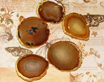 18K Gold Edge Custom Brown Natural Agate Slice Drawer Pulls Knobs