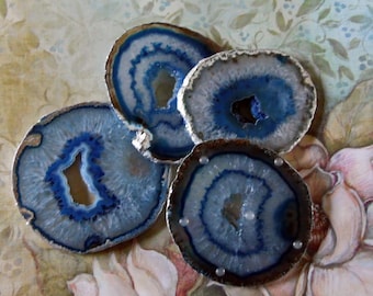 One XX Quality Large Blue Druzy Crystal Agate Slice Gemstone Coasters Hand Applied Silver Leaf Edge / Wine Bottle / Wedding / Holidays