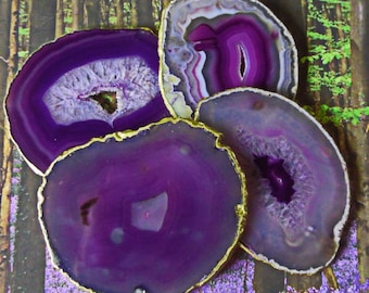 Large Eggplant Purple Agate Slice Coaster 18K Gold Leaf Hand Applied Edge Bride Wedding Graduation