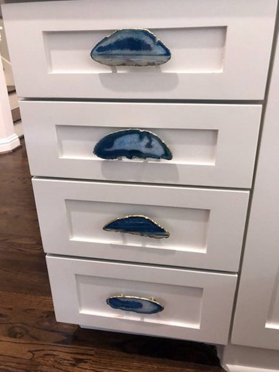 Large Custom Blue Agate Slice Gemstone Drawer Handles Pulls Knobs