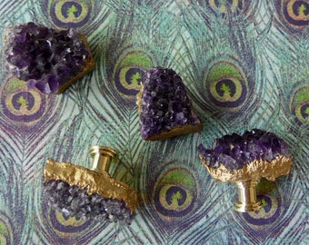 Small Natural Dark Amethyst Druzy Gemstone Drawer Pulls Knobs 18K Gold Leaf Edge