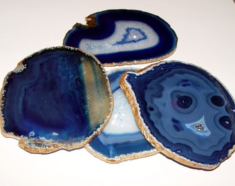 X Large Blue Agate Gemstone Coaster Large 18K Gold Silver Copper Leaf Edge