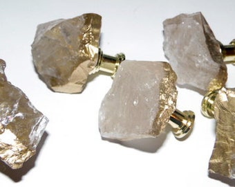 Large Natural Raw Crystal XX Quality Gemstone Drawer Pull Knobs Custom 18K Gold Leaf Pulls Drawer Pulls Dresser Knobs Screws Included