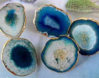 Large 18K Gold Edge Custom Turquoise Blue Agate Slice Drawer Pulls Knobs
