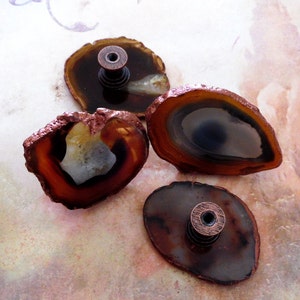 Small Oval Copper Edge Custom Natural Agate Slice Drawer Pulls Knobs Brown Rust
