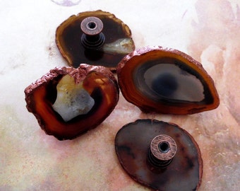 Small Oval Copper Edge Custom Natural Agate Slice Drawer Pulls Knobs Brown Rust