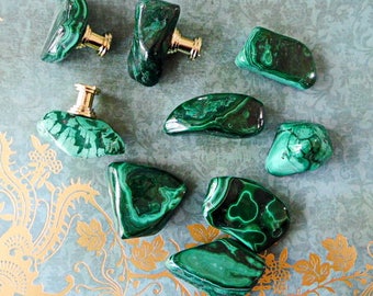 Large Green Malachite Gemstone Drawer Pulls Knobs  Custom Hardware Brass Chrome Base