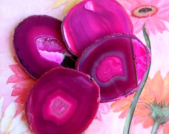 XX Large Agate Gemstone Coaster Pink Agate 18K Gold Silver Copper Leaf Edge Slice Crystal Wine Bottle Wine Glass