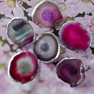 Könnte beinhalten: Sechs Achat-Scheiben mit silbernem Rand. Die Scheiben sind in Schattierungen von Rosa, Lila und Grau. Die Achat-Scheiben sind in einem Kreis auf einem rosa und weißen Hintergrund angeordnet.