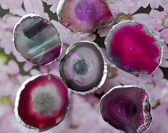 Large Silver Leaf Edge Custom Pink Agate Slice Drawer Pulls Knobs