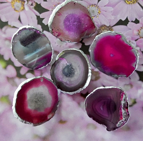 Large Silver Leaf Edge Custom Pink Agate Slice Drawer Pulls Etsy